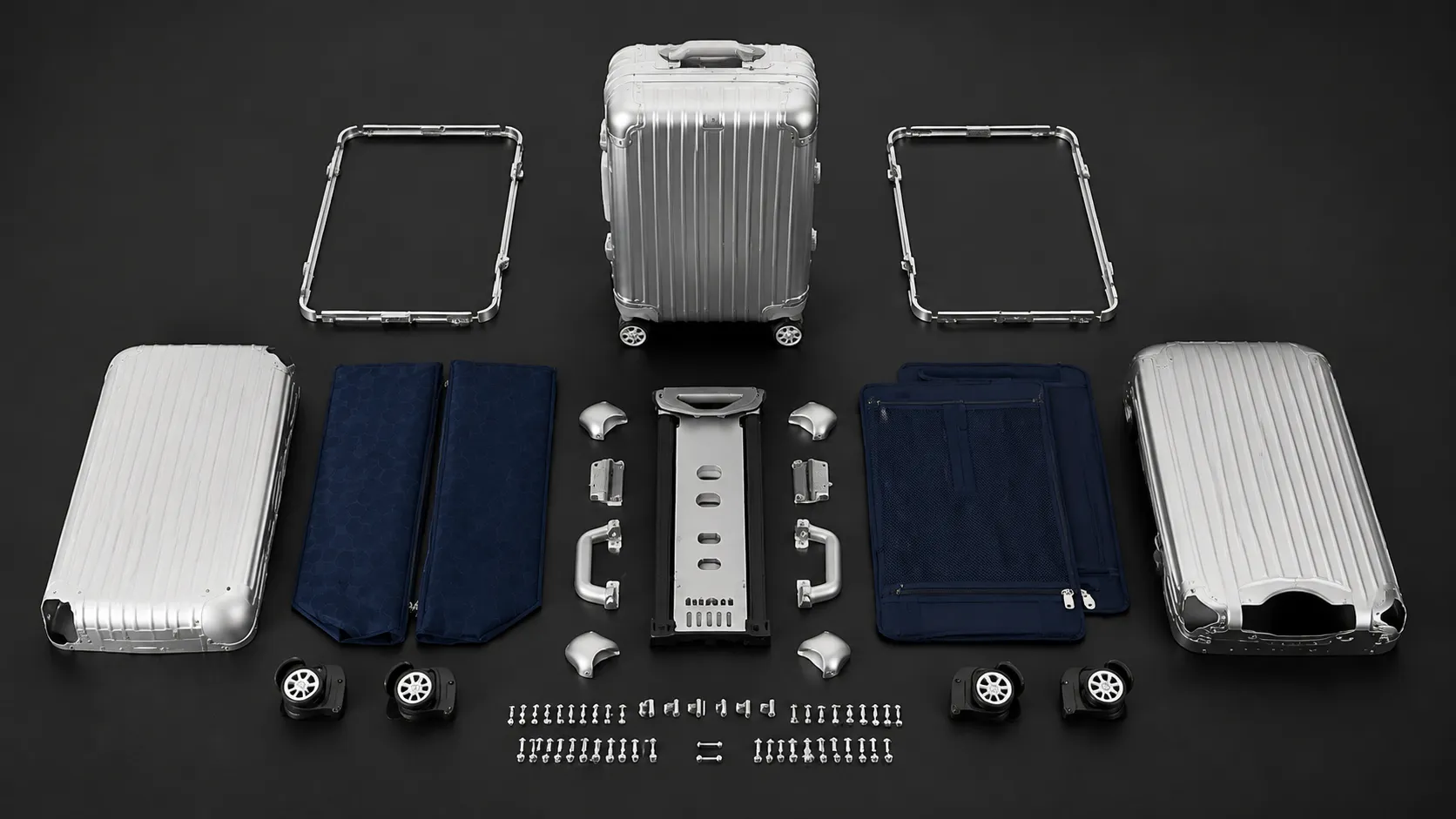 Aluminum luggage parts breakdown: shell, frame, lining, hardware and wheels