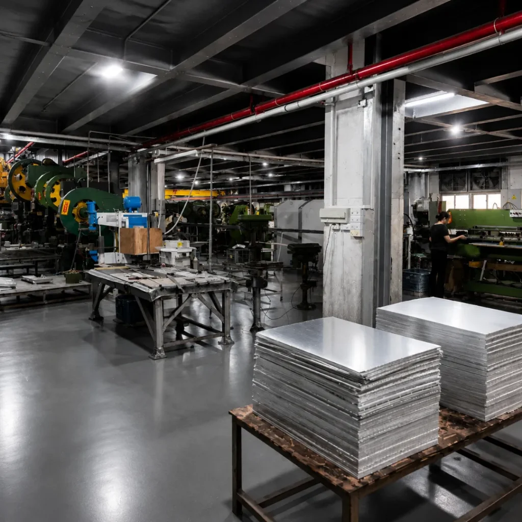 Metal component production workshop with stamping equipment and factory worker