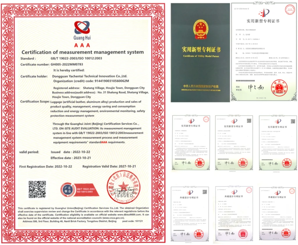 Collection of luggage design and utility patent certificates held by Suitcasemaker