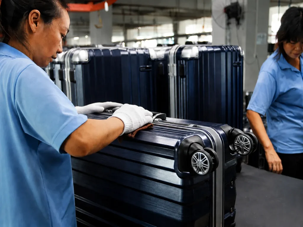 Workers inspecting luggage during wholesale production