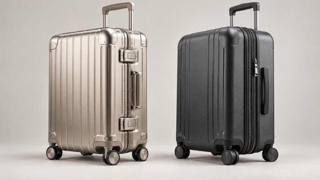 Illustrative frame-latch metal suitcase beside a hard-shell suitcase with a perimeter zipper