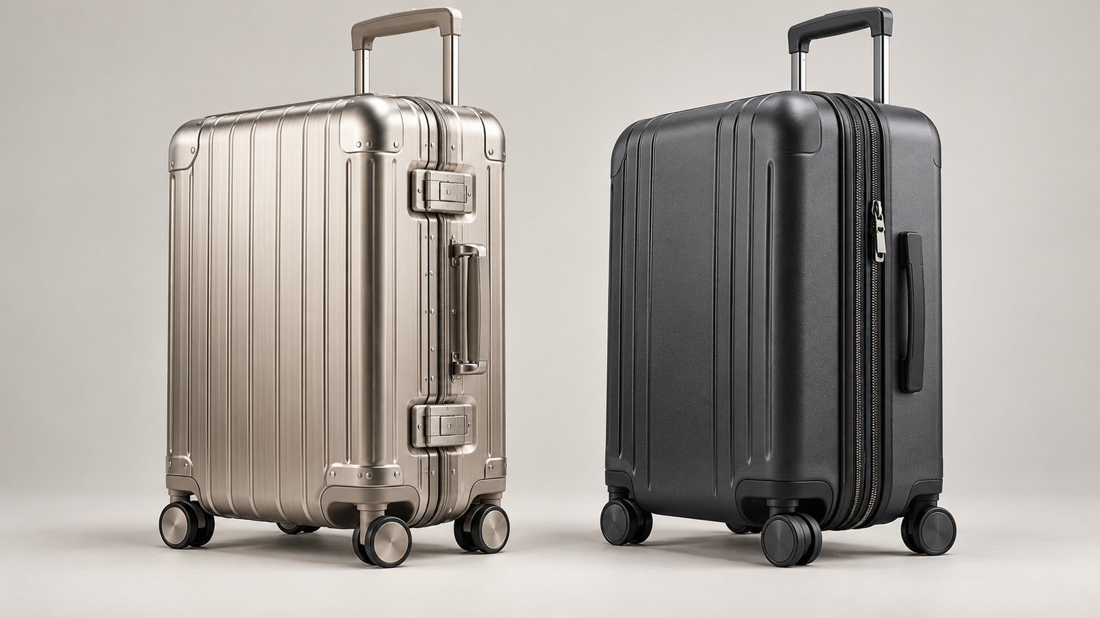 Illustrative metal frame-latch suitcase beside a dark hard-shell suitcase with a perimeter zipper