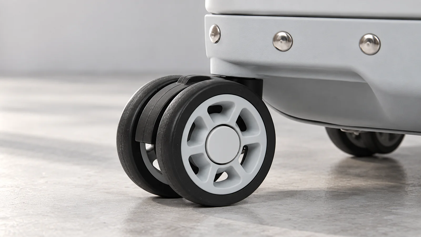 Two wheels side by side in a spinner assembly at a suitcase corner