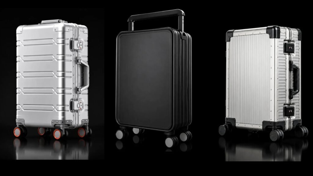 Three metal luggage models arranged in a single row on a black background