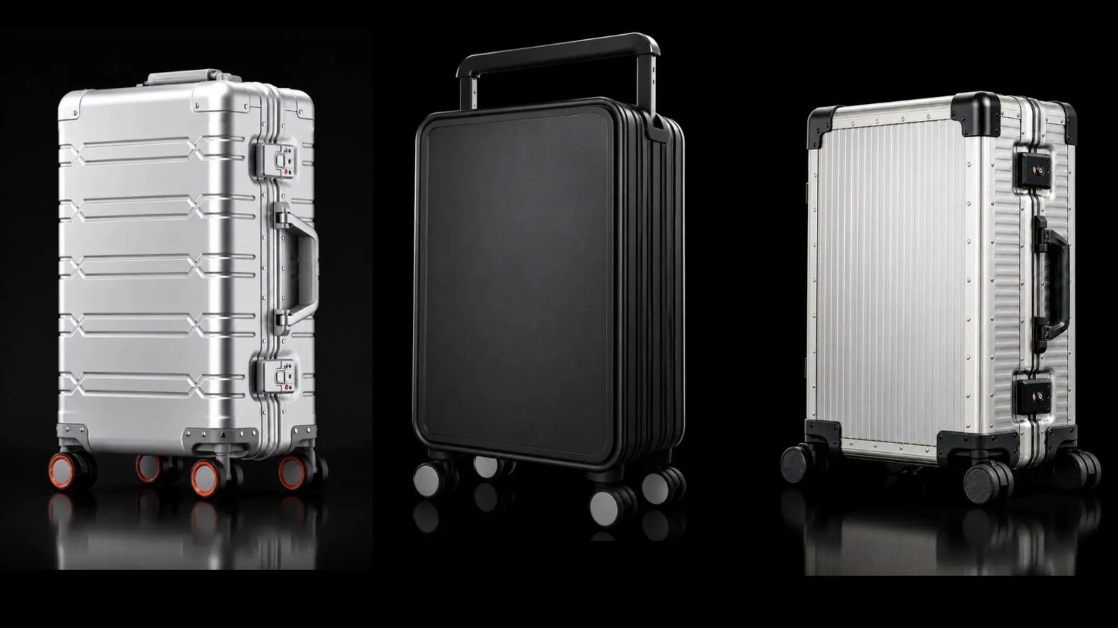 Three metal luggage models in one row on a black background