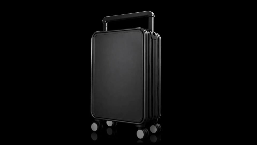 Wide-handle aluminum suitcase against a black background