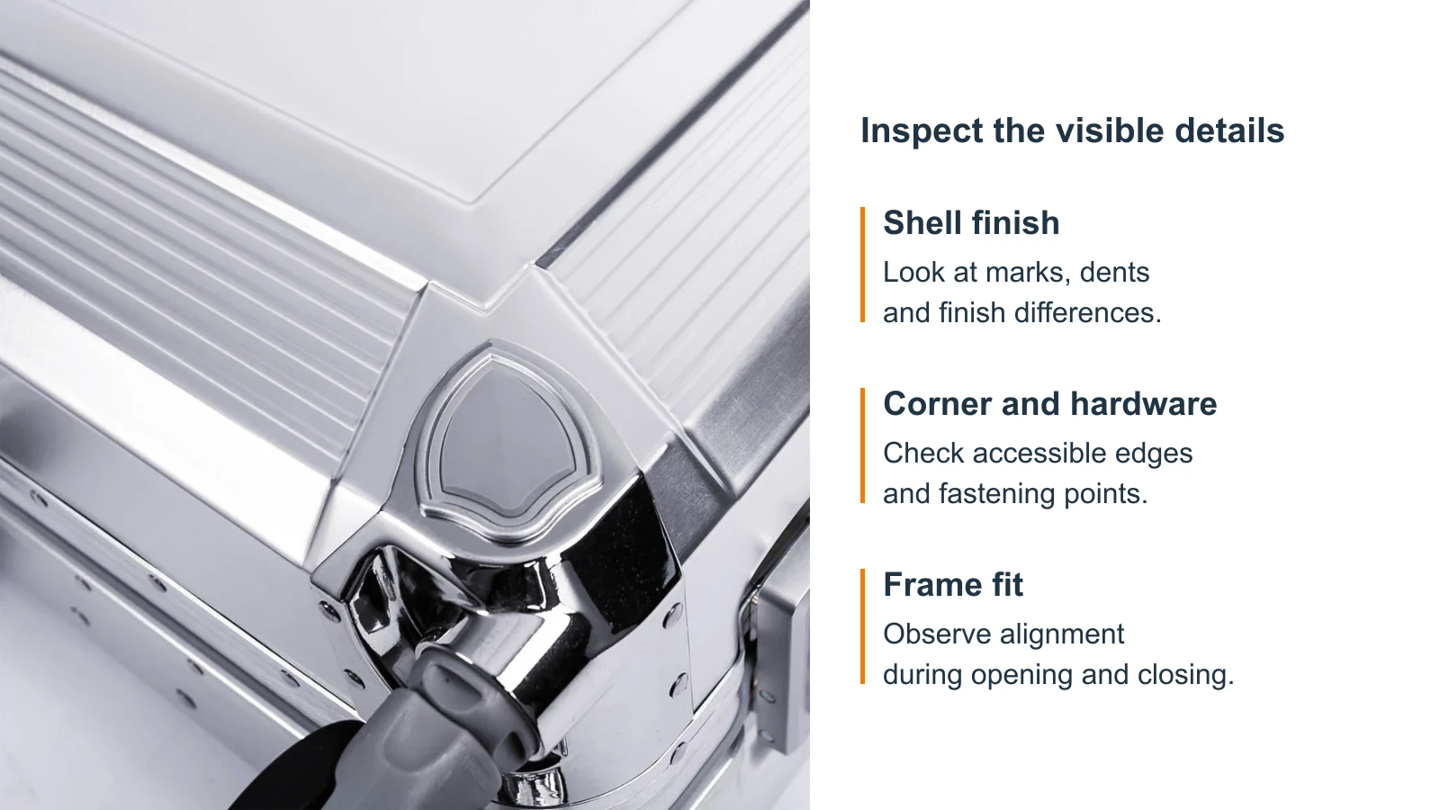 Metal luggage shell, corner protector and riveted frame detail, with inspection points.