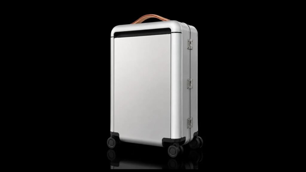 TS-010 aluminum luggage with rounded corners on a black background