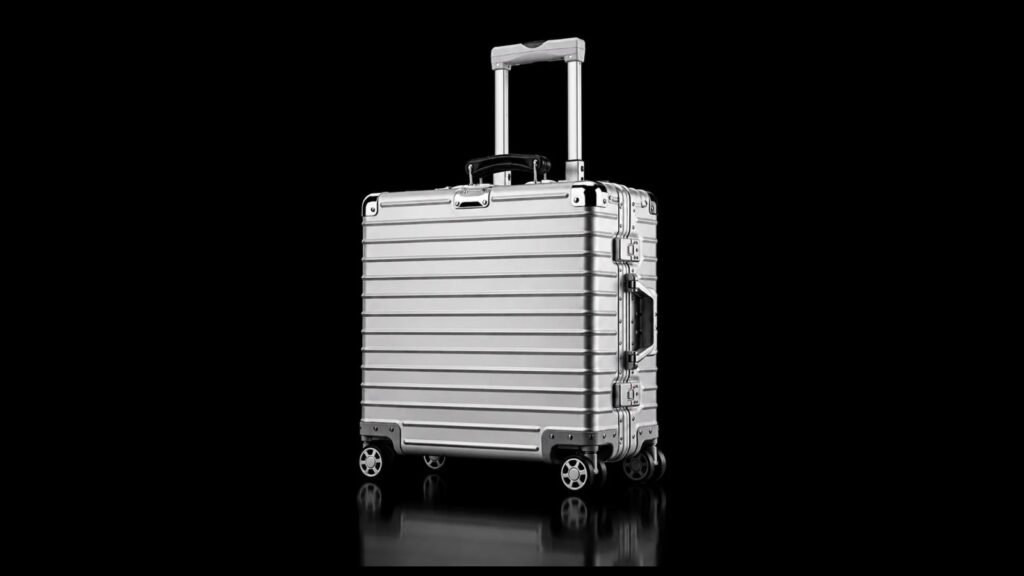Silver YCT-056 aluminum-magnesium suitcase with an extended trolley handle